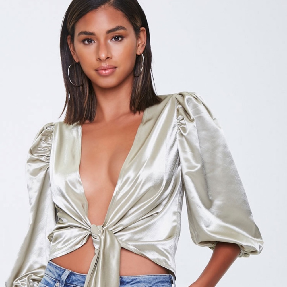 NWT Sage Satin Front-Tie Top